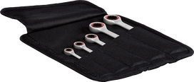 Bosch 5-piece spanner set in an open canvas bag.
