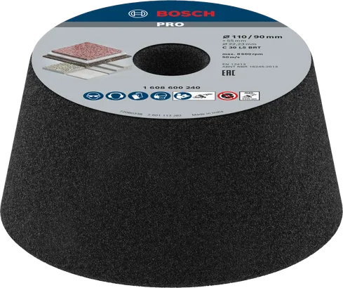 Bosch PRO Stone Conical Cup Wheel, grit 30 for stone grinding.