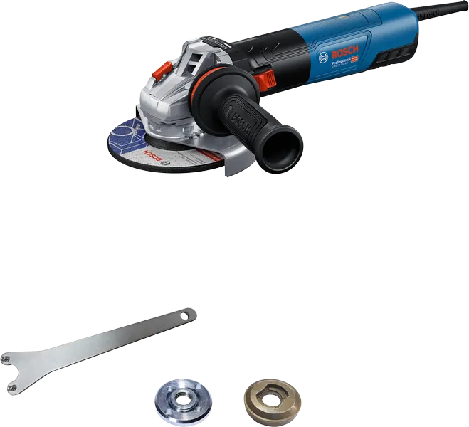 Bosch GWS 20-150 angle grinder with side handle and accessories.