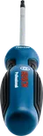 Blue and black screwdriver with a soft grip handle pointing upward.