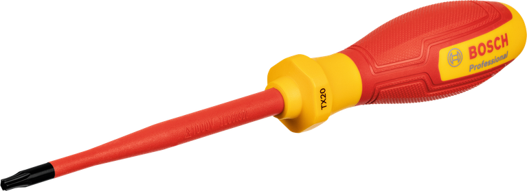 Insulated red and yellow screwdriver with a black tip for electrical work.