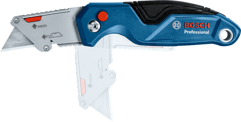 Folding utility knife with a retractable blade shown in open and closed positions.