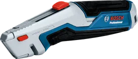 Electric utility knife with a textured handle and red safety switch.