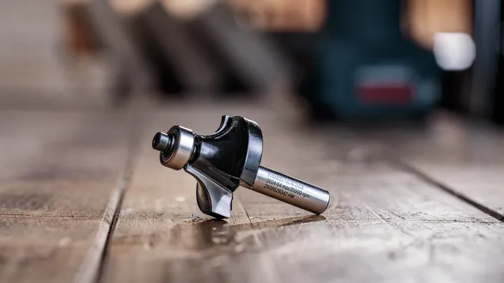 Router bit resting on a wooden surface in a workshop setting.
