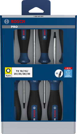 Bosch PRO Screwdriver Set TX 6 pcs with S2 steel shafts.