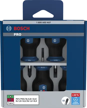 Bosch PRO Stubby Screwdriver Set 5 pcs with S2 shafts.