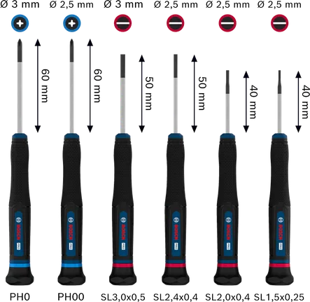 Bosch PRO Precision Screwdriver Set PH/SL, 6 pcs with color-coded anti-roll handles.