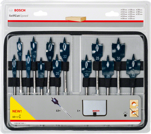 Набір лопаткових свердел Bosch SelfCut Speed, 13 предметів, 10–32 мм.