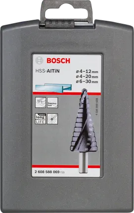 Набір ступінчастих свердел Bosch HSS-AlTiN 4–12/4–20/6–30 мм.