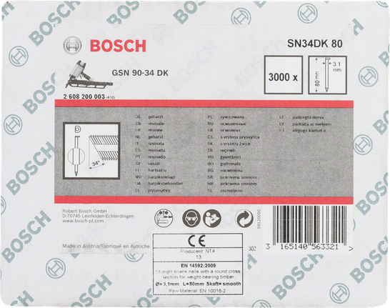 Цвяхи з гладким стрижнем Bosch GSN 90-34 DK 3,1x80 мм.