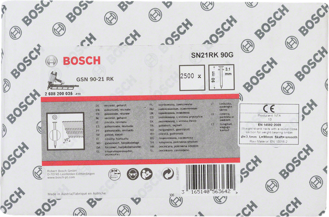 Цвяхи Bosch GSN 90-21 RK, гладкий оцинкований хвостовик 2500.