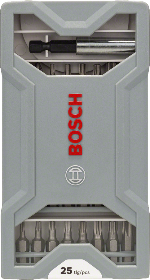 Набір біт для викрутки Bosch з 25 предметів у сірому футлярі.