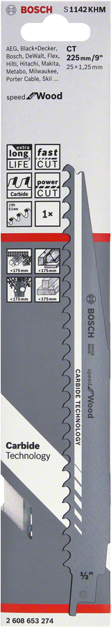 Пильне полотно Bosch S 1142 KHM для зворотно-поступальної пилки по дереву, твердосплавна технологія.