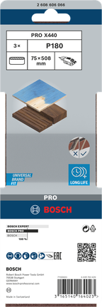 Шліфувальна стрічка Bosch PRO X440 75×508 мм P180.