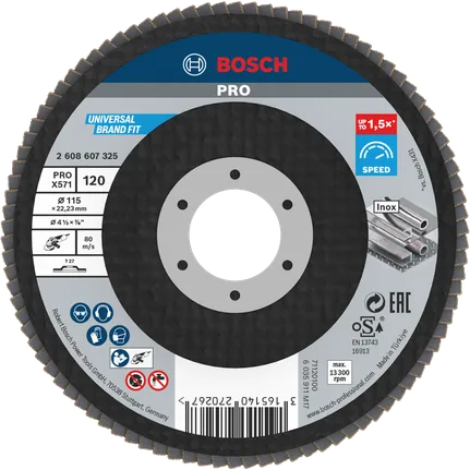 Пелюстковий диск Bosch PRO X571 115 мм G120 для шліфування металу.