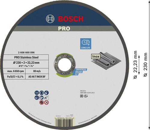 Відрізний диск Bosch PRO з нержавіючої сталі 230 мм, довговічний.