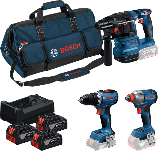 Набір інструментів Bosch 18V 3 з дрилем, ударним гайковертом та перфоратором.