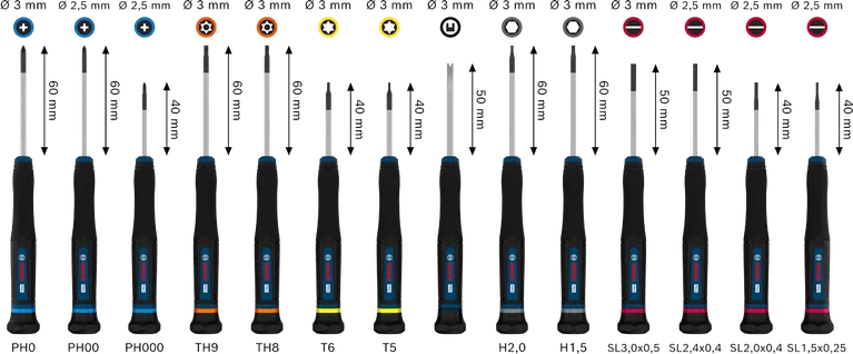 Набір прецизійних викруток Bosch PRO, 14 предметів, з кольоровим кодуванням ручки.