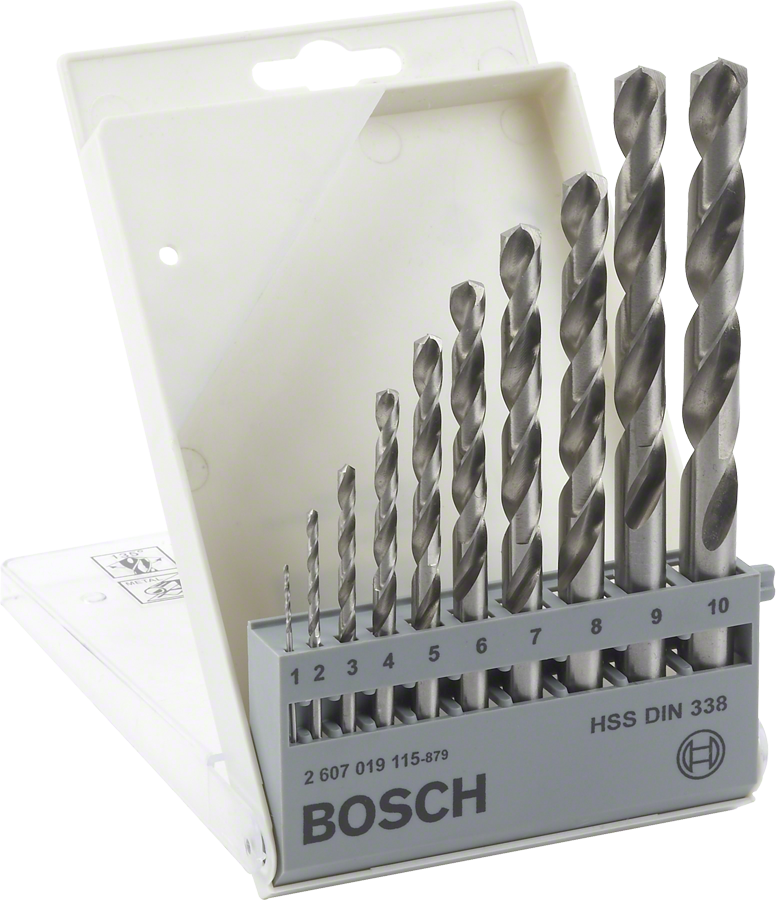 Juego de brocas HSS de Bosch en estuche de plástico etiquetado.