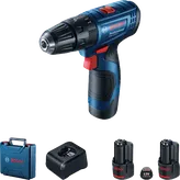 Taladro inalámbrico Bosch GSB 120-LI con maletín y baterías.