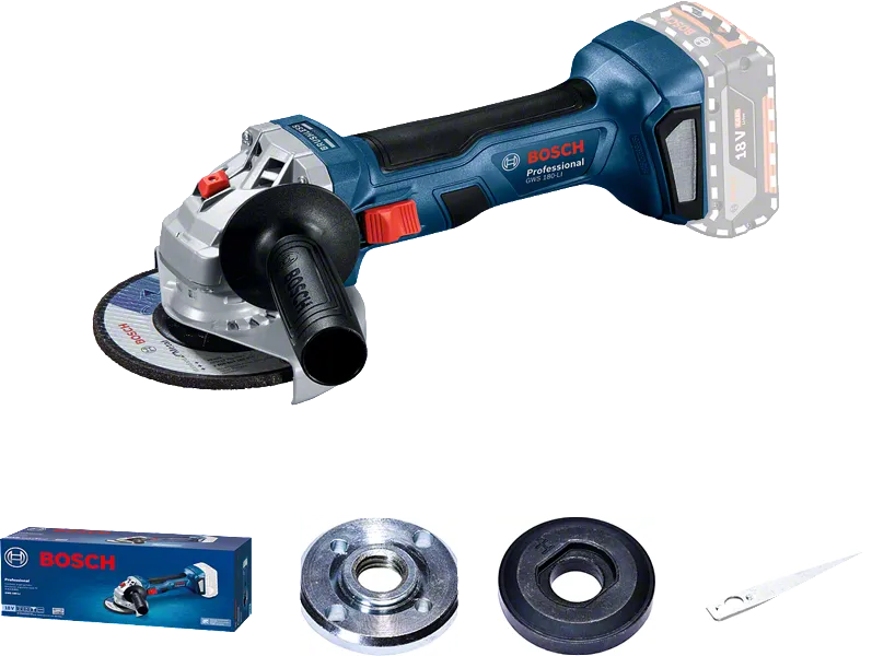 Amoladora angular inalámbrica Bosch GWS 180-LI con accesorios.