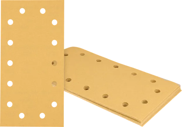 Hojas de lija rectangulares Bosch con múltiples orificios de extracción de polvo.