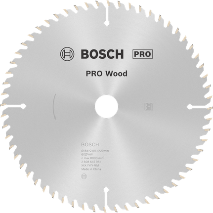 Hoja de sierra circular Bosch PRO Wood de 184 mm para un corte preciso de la madera.