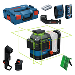 Herramienta niveladora láser combinada Bosch GLL 18V-120 con accesorios.
