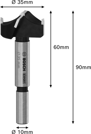 Broca Bosch EXPERT para cortar bisagras de madera laminada, 35 mm de diámetro.