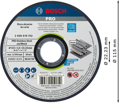 Disco de corte de acero inoxidable y metal Bosch PRO de 115 mm.