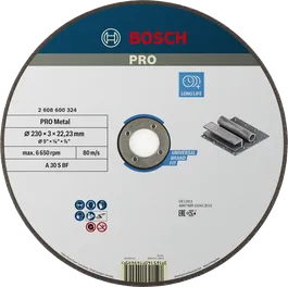 Disco de corte Bosch PRO con aglutinante metálico de 230 x 3 x 22,23 mm.