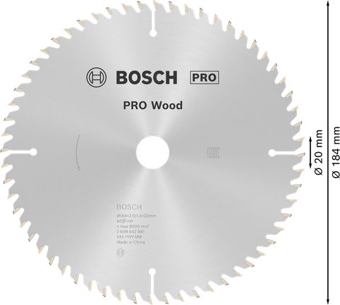 Hoja de sierra circular para madera Bosch PRO de 184 mm para un corte preciso de la madera.