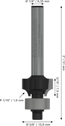 Fresa para router Bosch PRO de redondeo R, vástago de 1/16 de pulgada, 1/4 de pulgada.