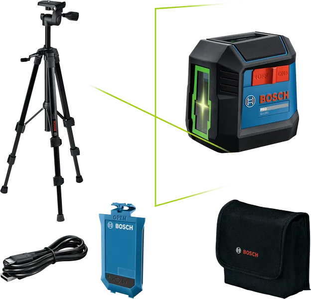 Herramienta niveladora láser Bosch GLL 2-15 G con trípode y estuche.