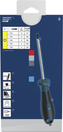 Juego de destornilladores Bosch TX con varillas de cromo vanadio y codificación por colores.