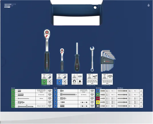 Juego mixto de herramientas manuales Bosch, 134 piezas, con trinquetes y llaves hexagonales.