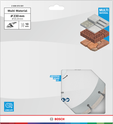 Disco de corte de diamante multimaterial Bosch de 230 mm para piedra y ladrillo.