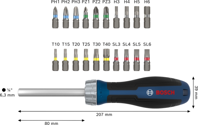 Juego de destornilladores de carraca Bosch con 18 puntas intercambiables.