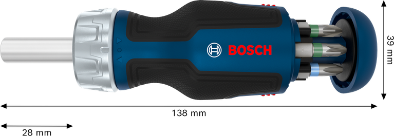 Destornillador de carraca Bosch de punta corta con 6 puntas.