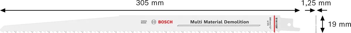 Hoja de sierra recíproca Bosch S 1411 DF para demolición de diversos materiales.