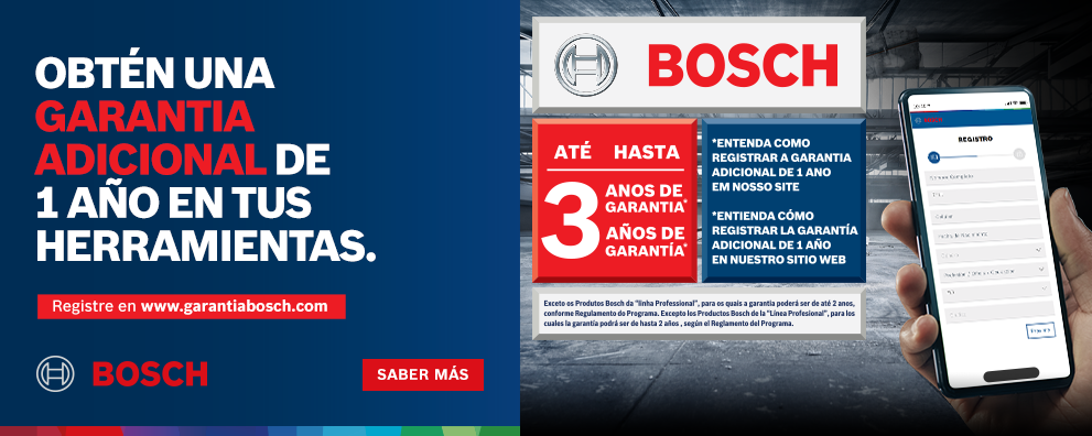 Publicidad de Bosch con un teléfono mostrando registro de garantía y fondo oscuro.