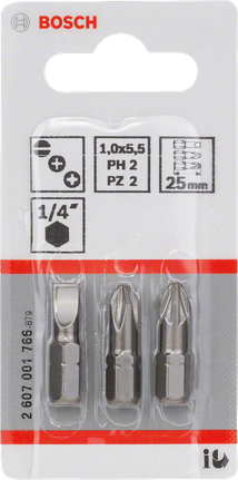 Juego de 3 puntas de destornillador extra duras de 25 mm de Bosch.