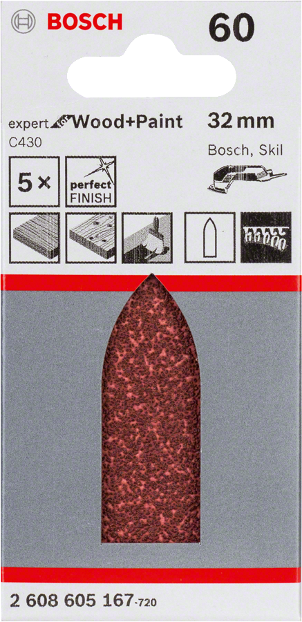 Paquete de 5 hojas de lija Bosch C430, 32x88 mm, grano 60.
