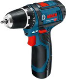 Taladro atornillador inalámbrico Bosch GSR 12V-15 con empuñadura ergonómica.