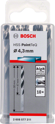 Juego de brocas helicoidales Bosch HSS PointTeQ de 4,3 mm, alta velocidad.