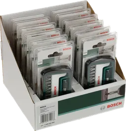 Juego de 12 puntas de destornillador Bosch en expositor para venta minorista.
