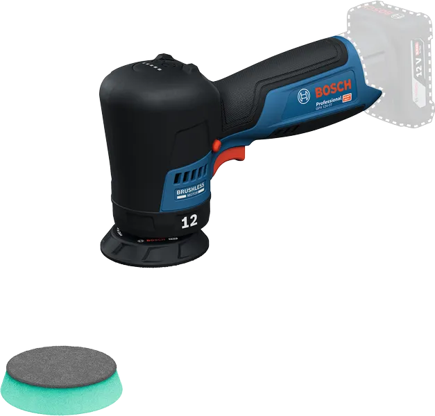 Pulidora a batería Bosch GPX 12V-77 con almohadilla de espuma.