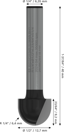 Caja de núcleo de broca para enrutador Bosch PRO, vástago de 1/4 de pulgada, radio de 1/4 de pulgada.