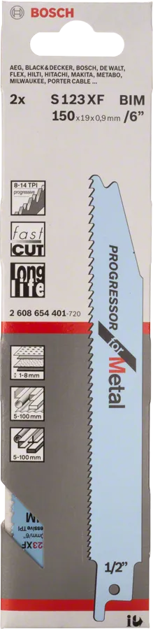 Bosch S 123 XF reciprocating saw blade for metal cutting.