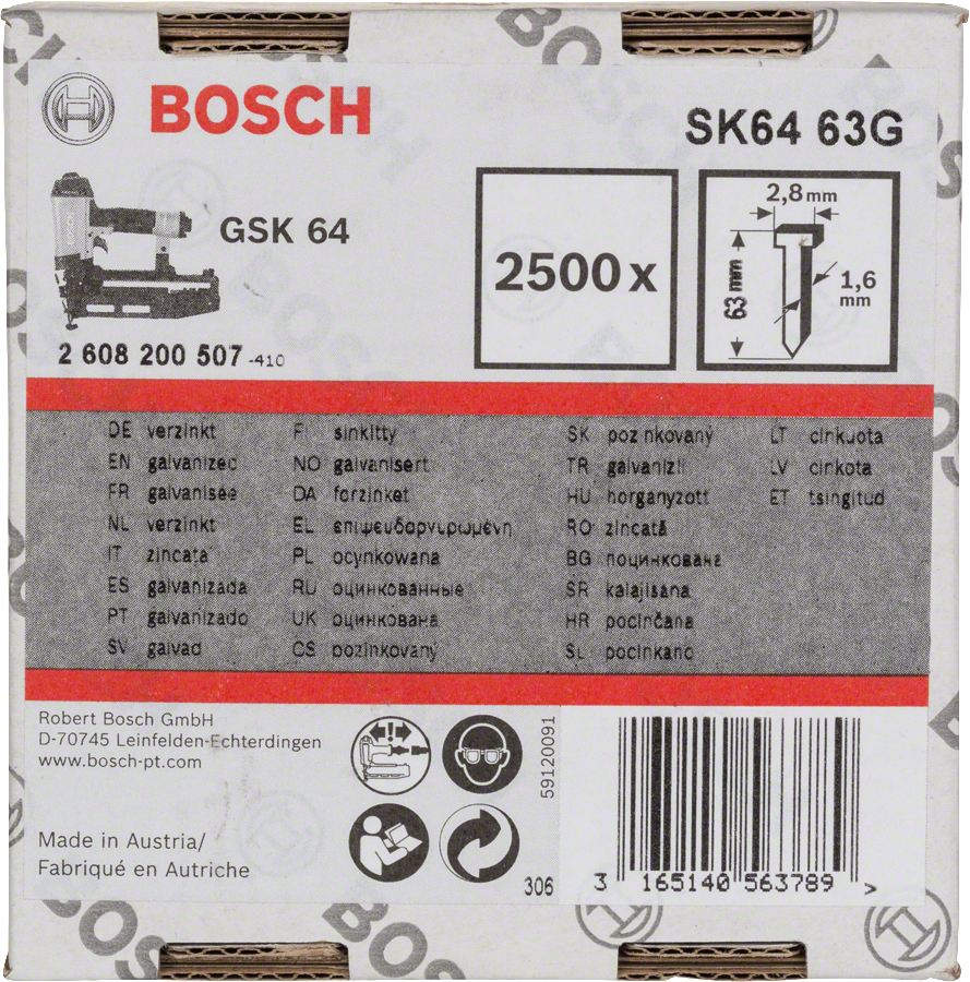 Bosch SK64 63G finish nails 63mm galvanized, 2500 pack.